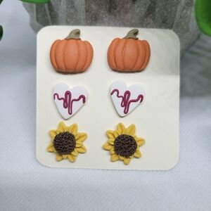 Fall clay stud earrings multipack, pumpkin sunflower and heart rhythm studs